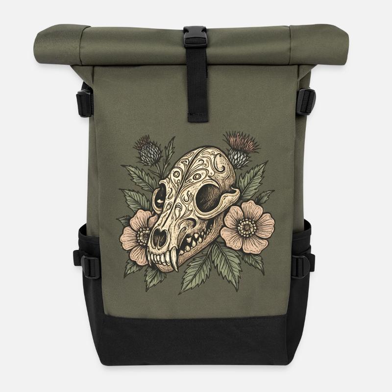 Vintage Skull with Flowers - Roll Top Backpack - olive/black