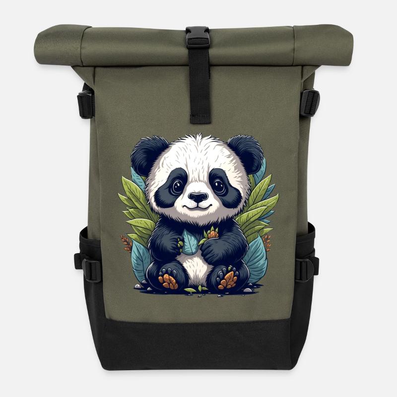 Le panda dans la forêt de feuilles - Sac à dos roll top - olive/noir