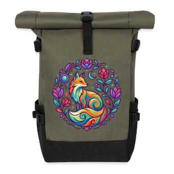 Bunter Fuchs Blumen Mandala Lila Mädchen Design - Rolltop Rucksack - Olive/Schwarz - Vorne