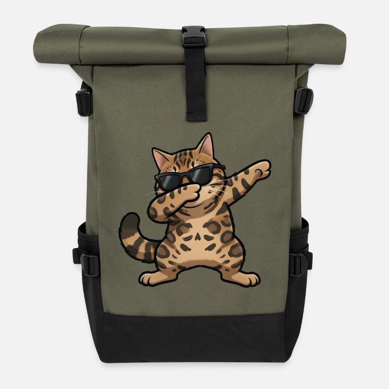 Chat du Bengale en train de s’essuyer - Sac à dos roll top - olive/noir