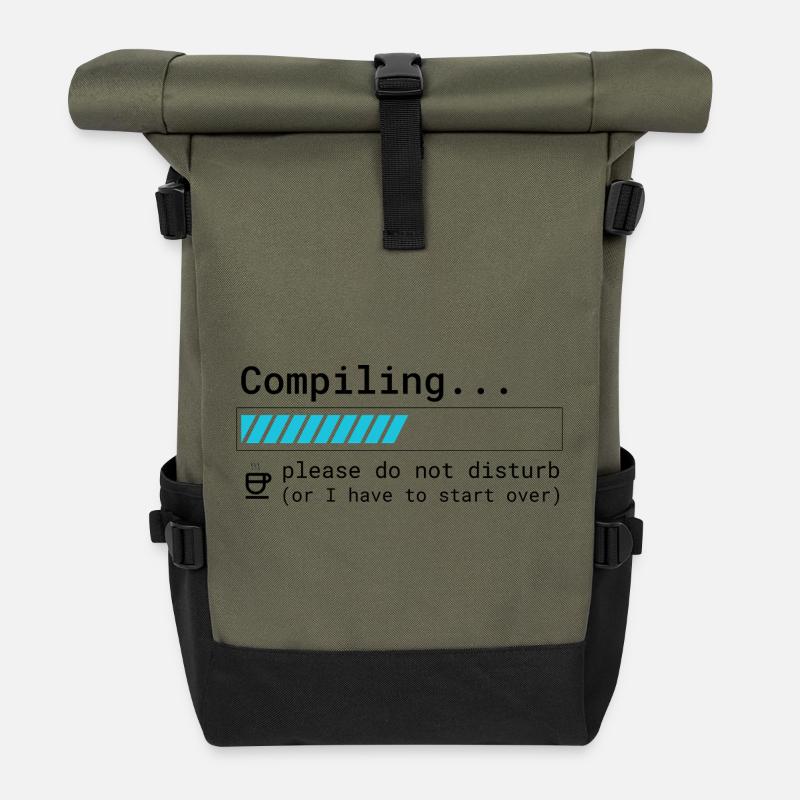 Lustiges Programmierer T-Shirt - Compiling Please  - Rolltop Rucksack - Olive/Schwarz