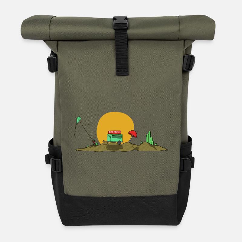 Sunny Summer Day Icecream Stand & Kite - Roll Top Backpack - olive/black