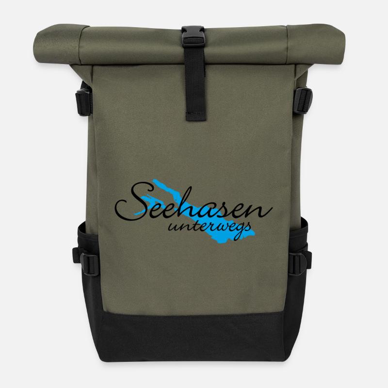 Seehasen vom Bodensee unterwegs - Rolltop Rucksack - Olive/Schwarz