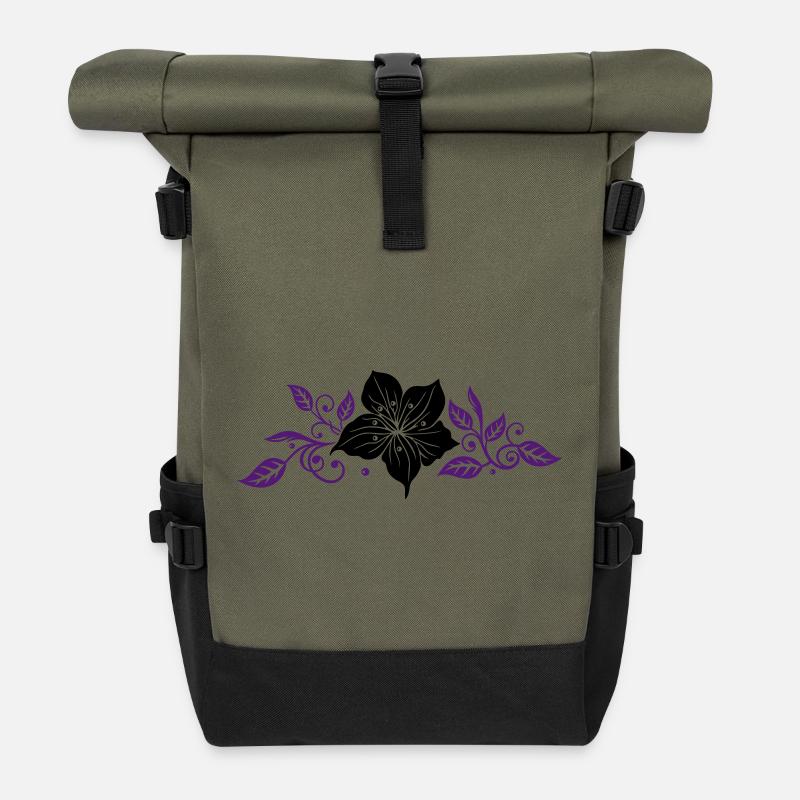 Schwarze Lilie mit violetten Ranken-Elementen - Rolltop Rucksack - Olive/Schwarz