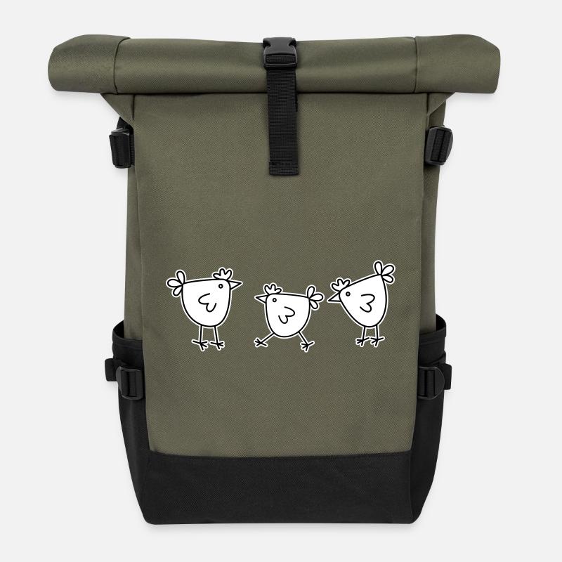 3 Hühner Hennen Federvieh - Rolltop Rucksack - Olive/Schwarz
