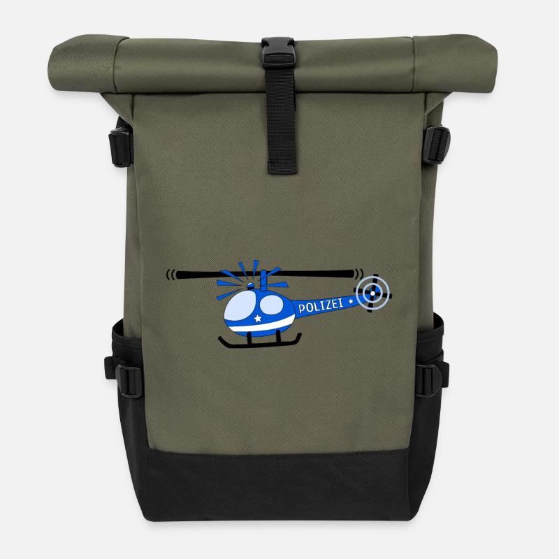 Hubschrauber Polizei Kinder - Rolltop Rucksack - Olive/Schwarz