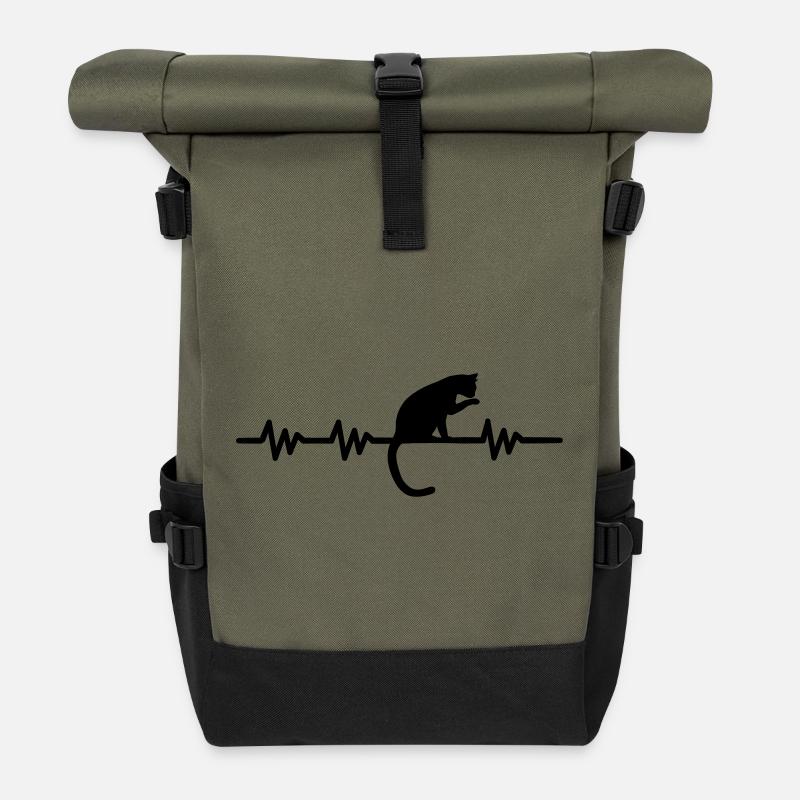 Herzschlag - Katze - Rolltop Rucksack - Olive/Schwarz