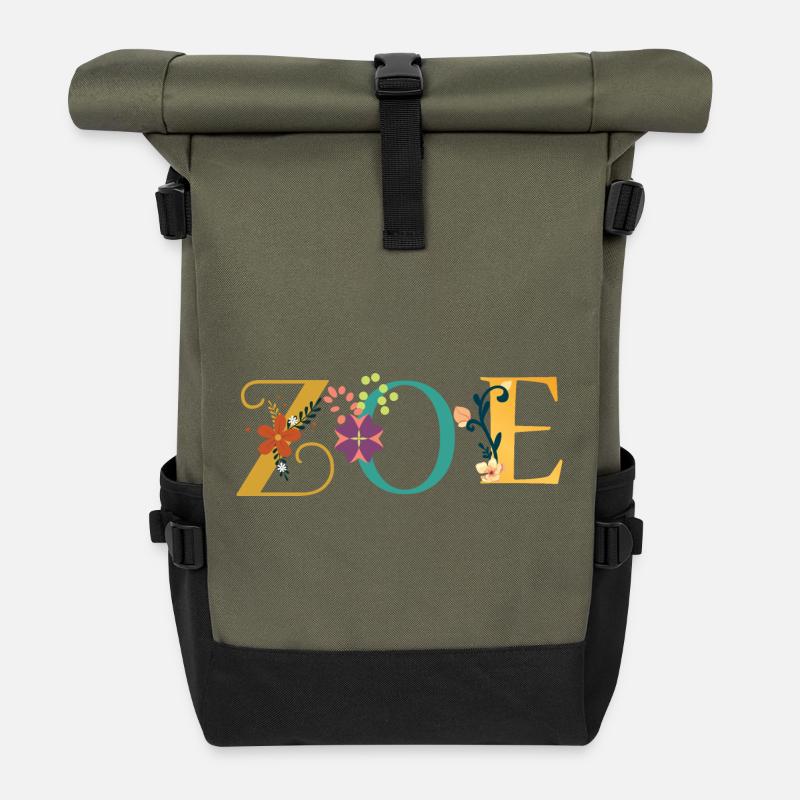 Art du prénom ZOE avec fleurs brodées - Sac à dos roll top - olive/noir