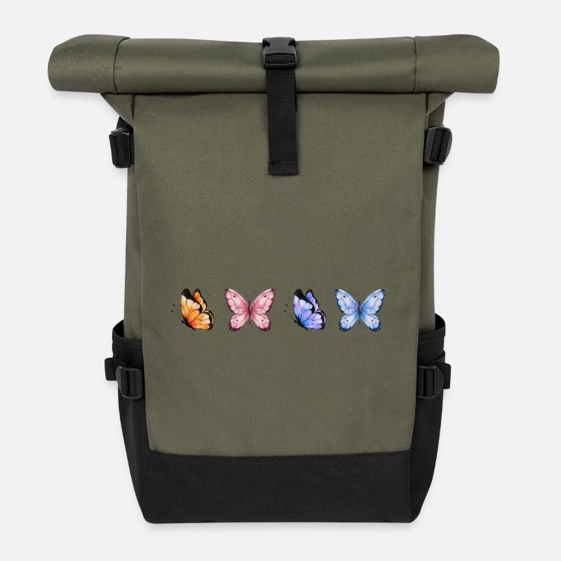 Colorful Butterflies Quartet - Roll Top Backpack - olive/black