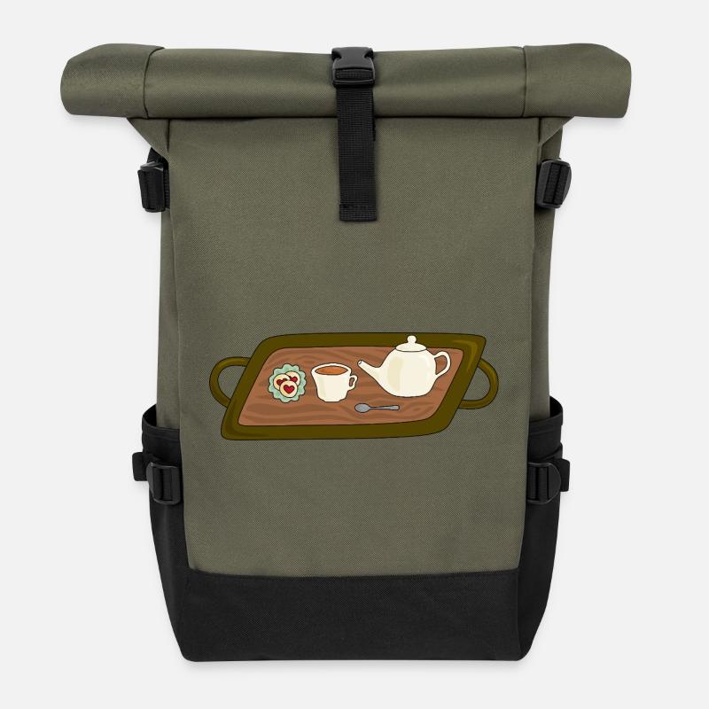 Tea Time Tray Illustration - Roll Top Backpack - olive/black