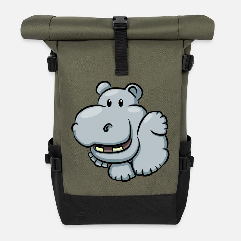 Hippopotame mignon dessin animé - Sac à dos roll top - olive/noir