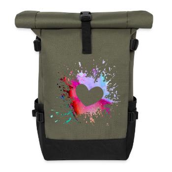 Buntes Herz Farbkleckse - Rolltop Rucksack - Olive/Schwarz - Vorne