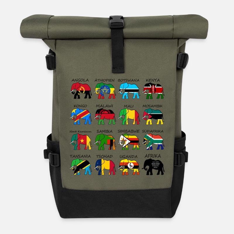 ELEFANTEN AFRIKAS mit Flaggen - Rolltop Rucksack - Olive/Schwarz