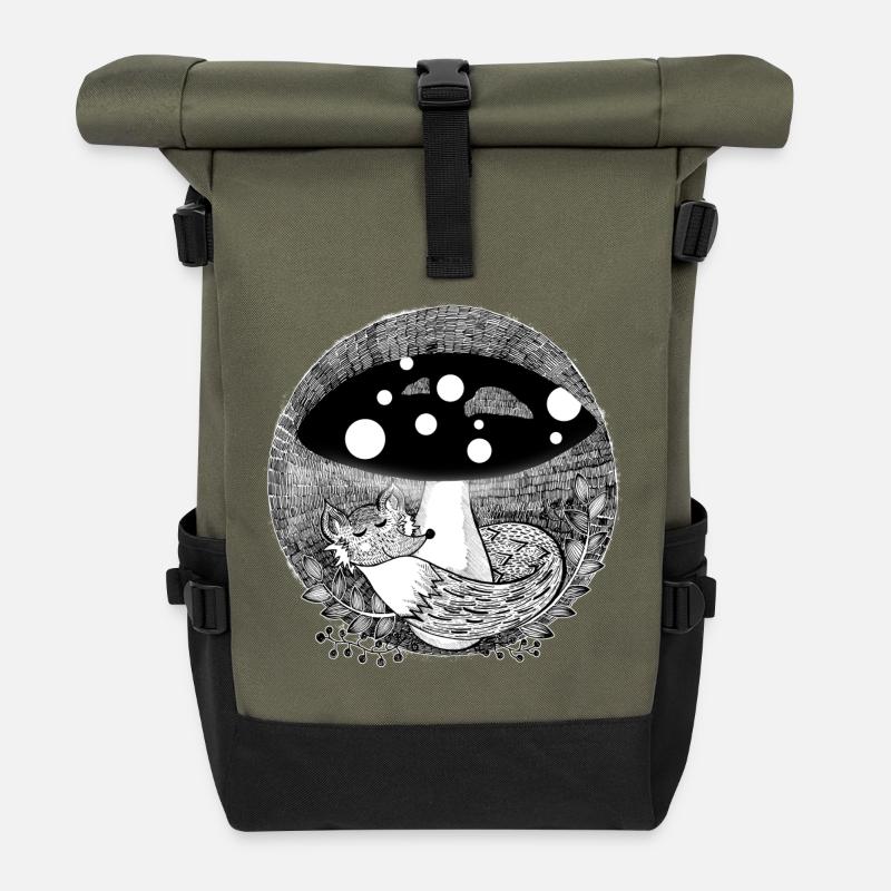 Fox illustration black and white - Roll Top Backpack - olive/black