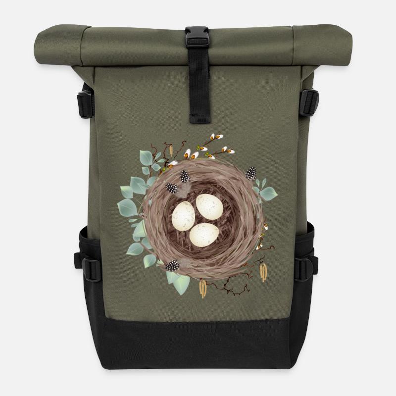 Vogelnest oder Osternest mit drei Eier und Federn - Rolltop Rucksack - Olive/Schwarz
