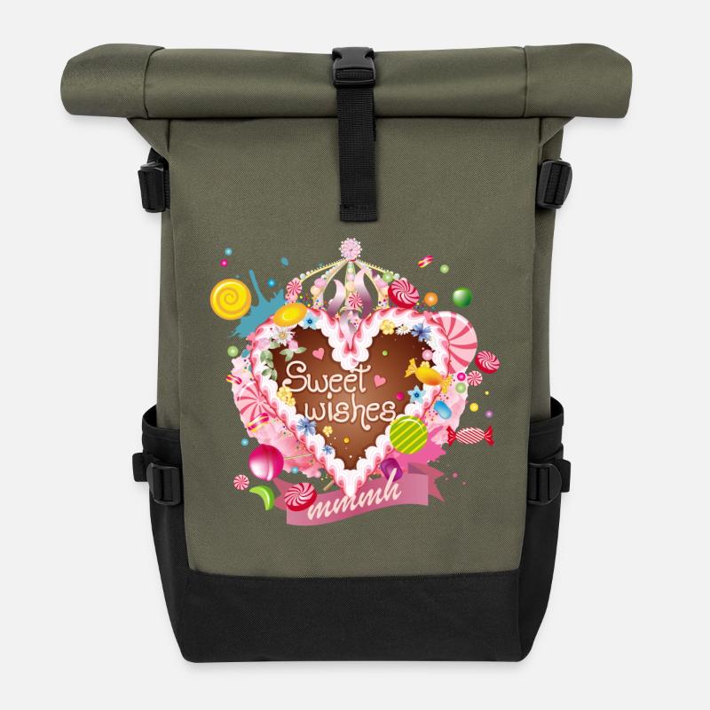 Lebkuchenherz mit Zuckerguß Wünsche und Krone - Rolltop Rucksack - Olive/Schwarz
