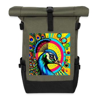 Pfau Pop Art - Rolltop Rucksack - Olive/Schwarz - Vorne