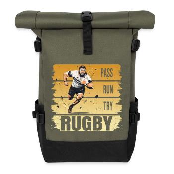 Pass - Run - Try - Rugby - Rolltop Rucksack - Olive/Schwarz - Vorne