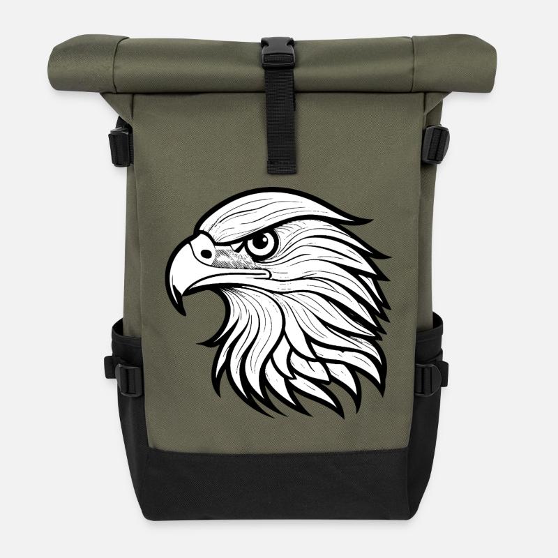 Stylish Eagle Head Illustration - Roll Top Backpack - olive/black
