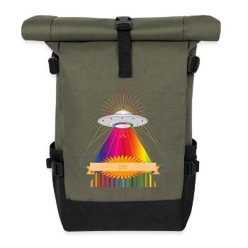 UFO über einem leuchtenden Regenbogendreieck - Rolltop Rucksack - Olive/Schwarz - Vorne