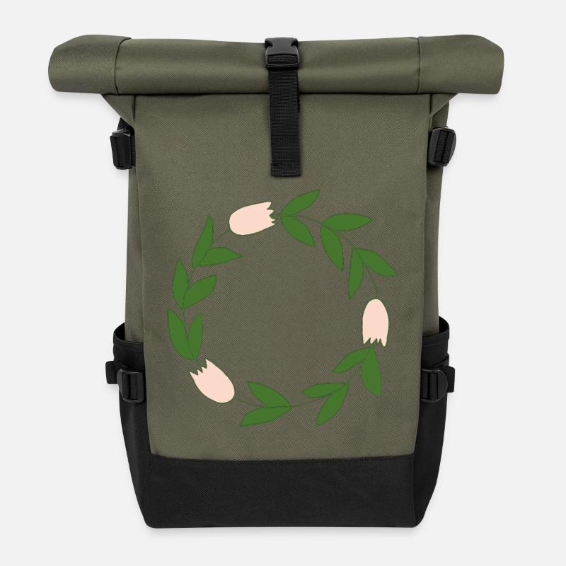 Eleganter Blumenkranz mit zarten Blüten - Rolltop Rucksack - Olive/Schwarz