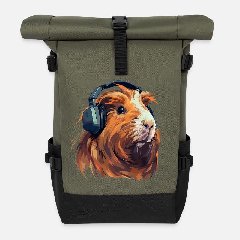Meerschweinchen mit Kopfhörern - Rolltop Rucksack - Olive/Schwarz