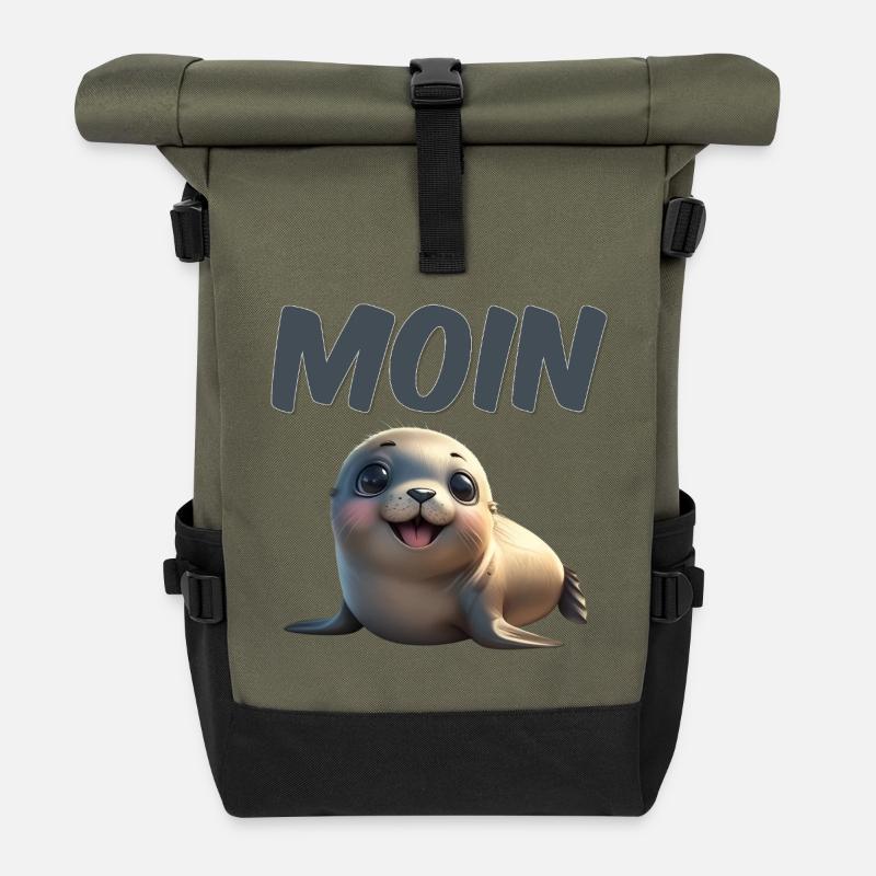 Süßer Seehund mit MOIN Schrift - Rolltop Rucksack - Olive/Schwarz