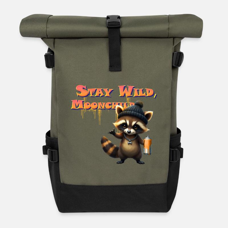 Waschbär-Mondgraffiti - Rolltop Rucksack - Olive/Schwarz