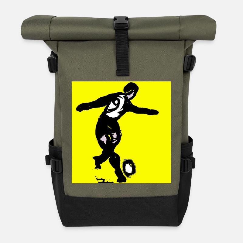 Fußball-Silhouette auf leuchtendem Gelb - Rolltop Rucksack - Olive/Schwarz