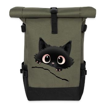 Kawaii black kitten poking out his gaze - Roll Top Backpack - olive/black - Front