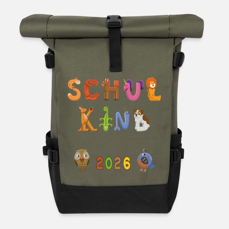 Schule 2026  Bunte Buchstabenwelt - Rolltop Rucksack - Olive/Schwarz
