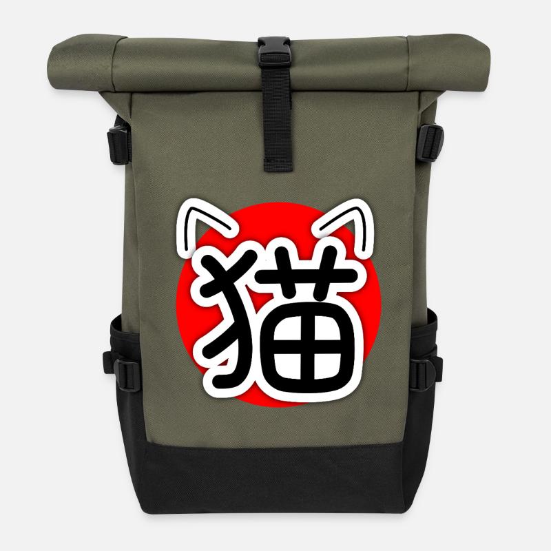 猫, Neko, Katze - Rolltop Rucksack - Olive/Schwarz