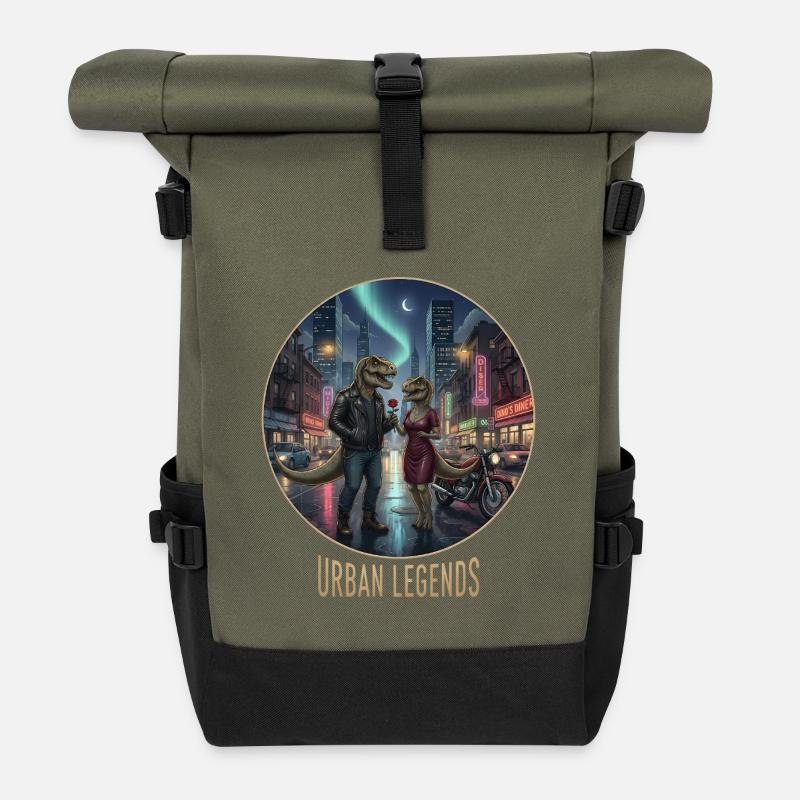 Urban Legends: Dino Lovers in Neon Town - Roll Top Backpack - olive/black
