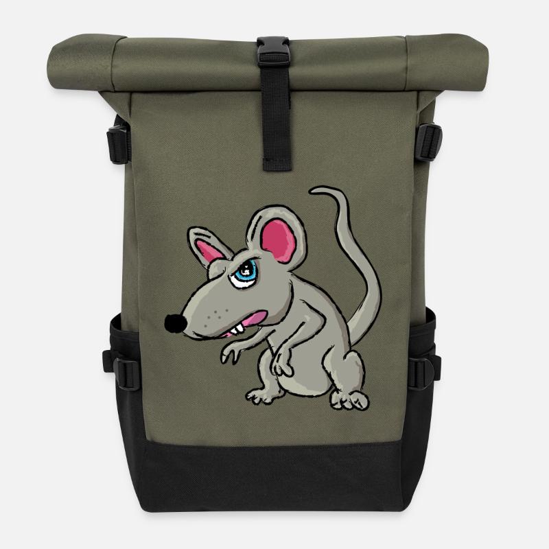 Playful Gray Rat Cartoon - Roll Top Backpack - olive/black