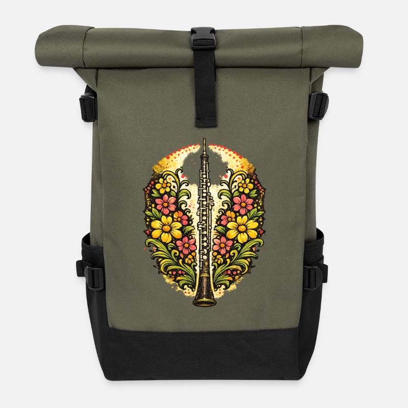 Fleur du saxophone floral - Sac à dos roll top - olive/noir