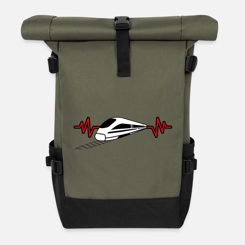 Heartbeat with train - railway worker, train driver design - Roll Top Backpack - olive/black