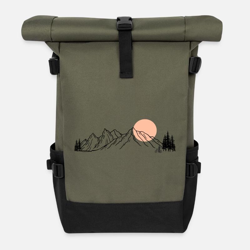 Sunset Ride Line Art auf Schwarz - Rolltop Rucksack - Olive/Schwarz