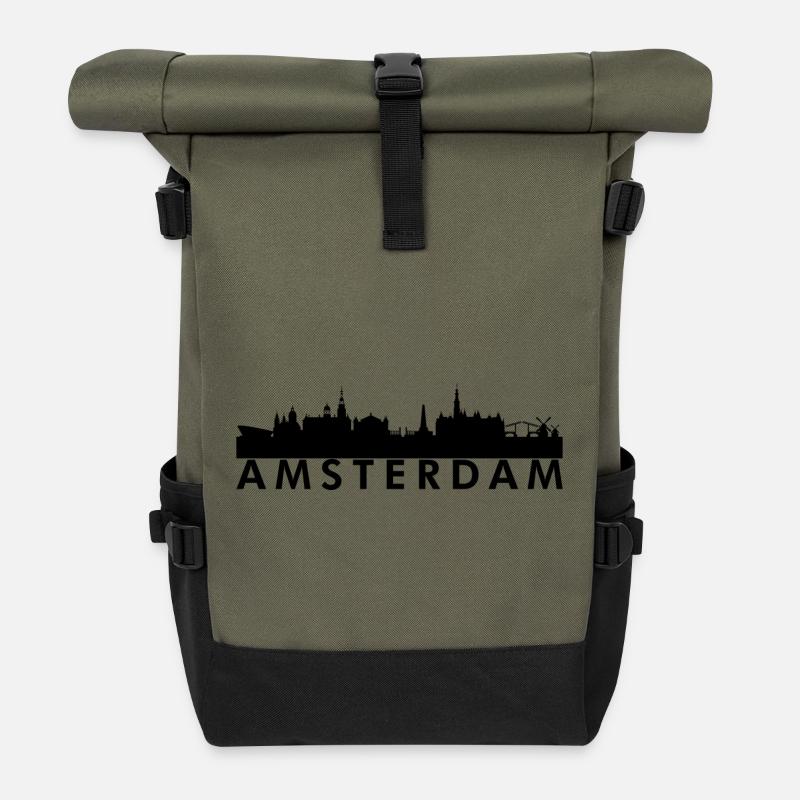 Amsterdam Skyline Silhouette Design - Rolltop Rucksack - Olive/Schwarz