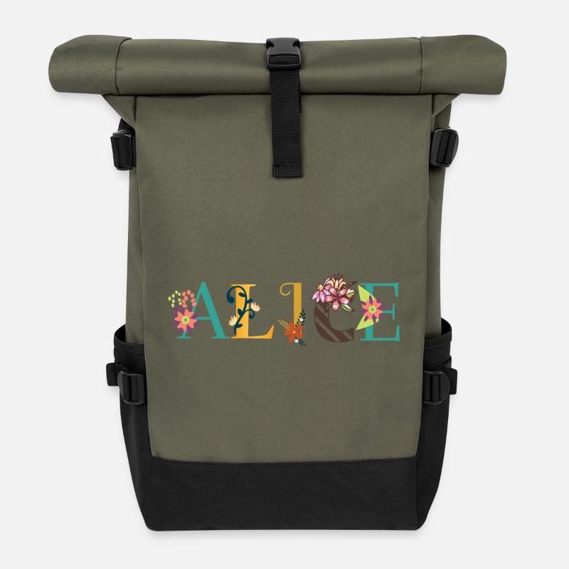 Art du nom ALICE avec des fleurs brodées - Sac à dos roll top - olive/noir