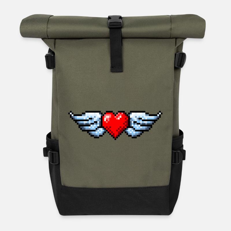 Retro Pixel Art Winged Heart - Roll Top Backpack - olive/black