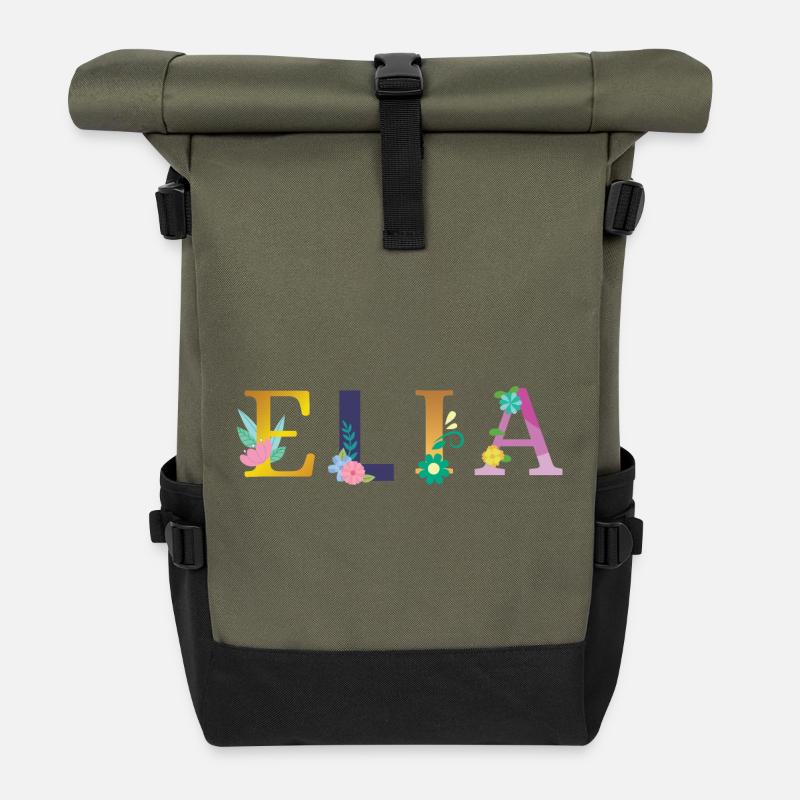 ELIA Name mit Blumen geschmückt - Rolltop Rucksack - Olive/Schwarz