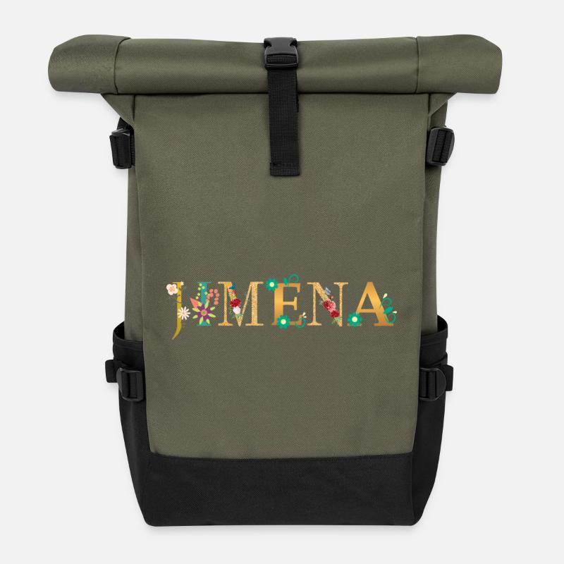 Le nom de JIMENA est décoré de fleurs - Sac à dos roll top - olive/noir