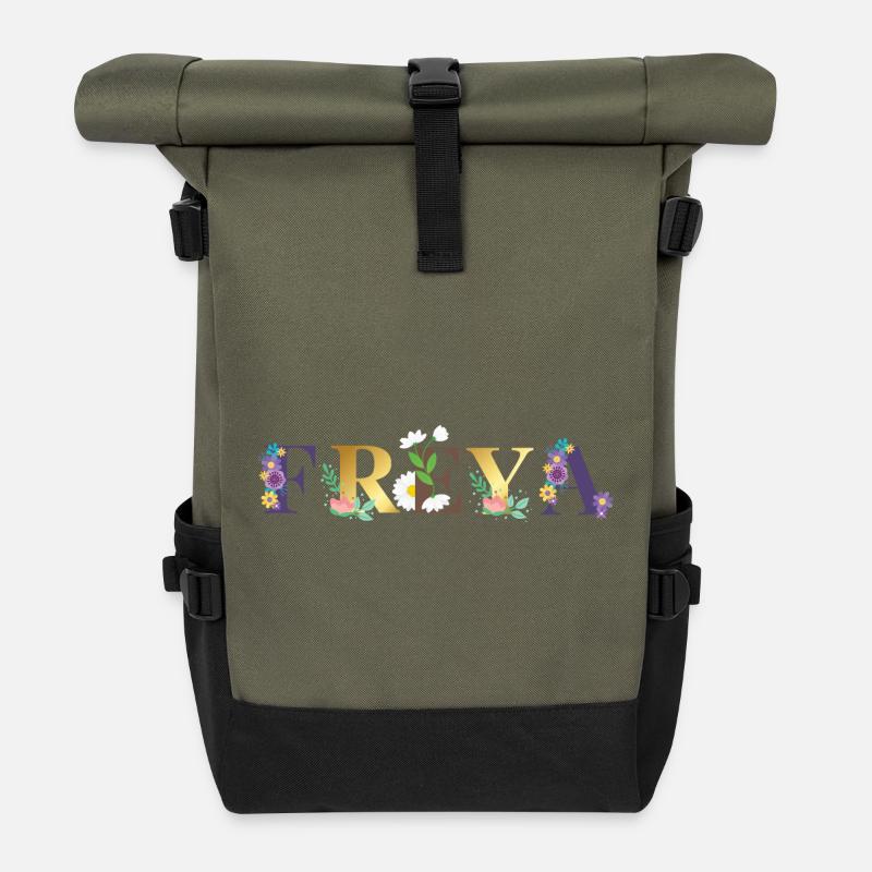 Art du nom FREYA avec des fleurs brodées - Sac à dos roll top - olive/noir
