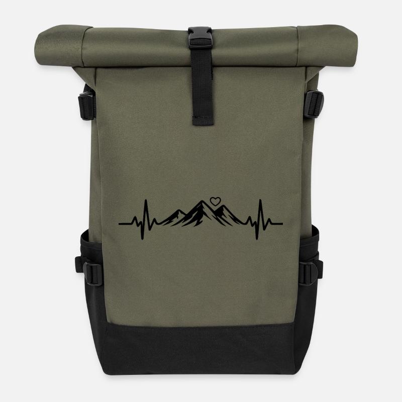 Mountain Lovers Hiking Mountains ECG Heartbeat Pulse - Roll Top Backpack - olive/black