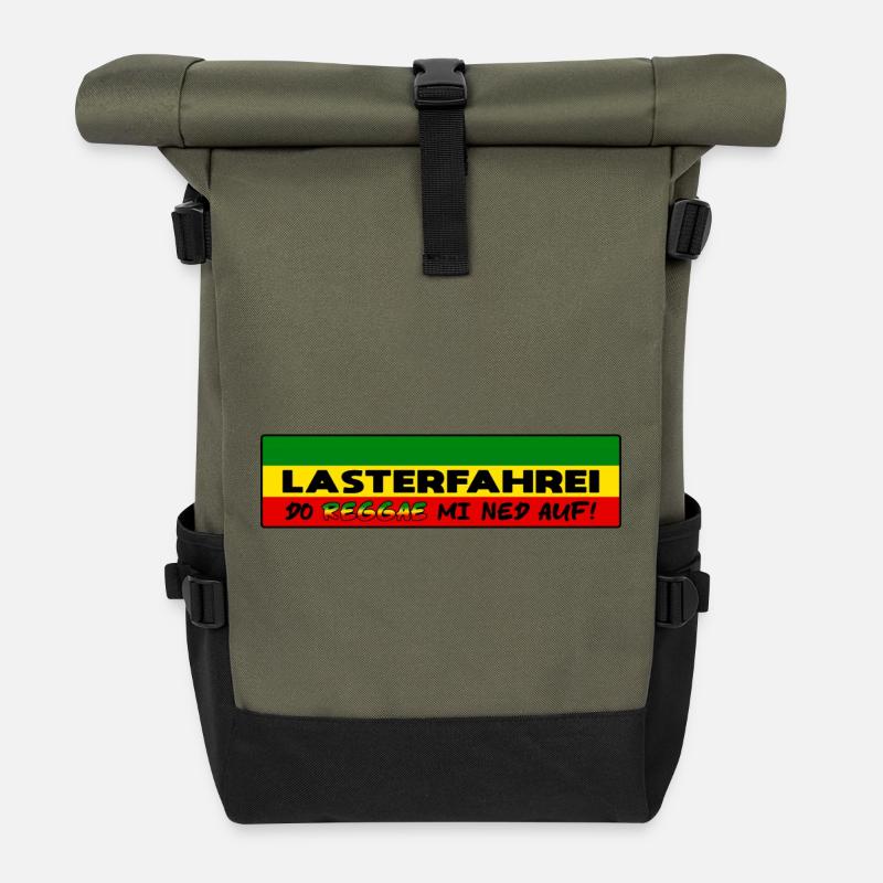 LASTERFAHREI - Do Reggae Mi Ned Auf! REGGAE Eckig - Rolltop Rucksack - Olive/Schwarz