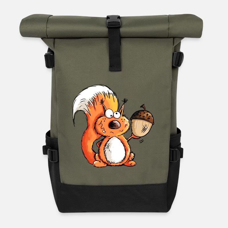 Eichhörnchen - Tier - Tiere - Eichel - Wald - Rolltop Rucksack - Olive/Schwarz