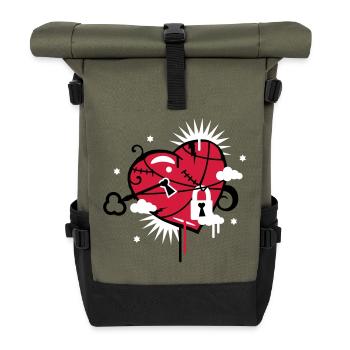 verschnürtes & repariertes Herz mit Schlüsselloch - Rolltop Rucksack - Olive/Schwarz - Vorne