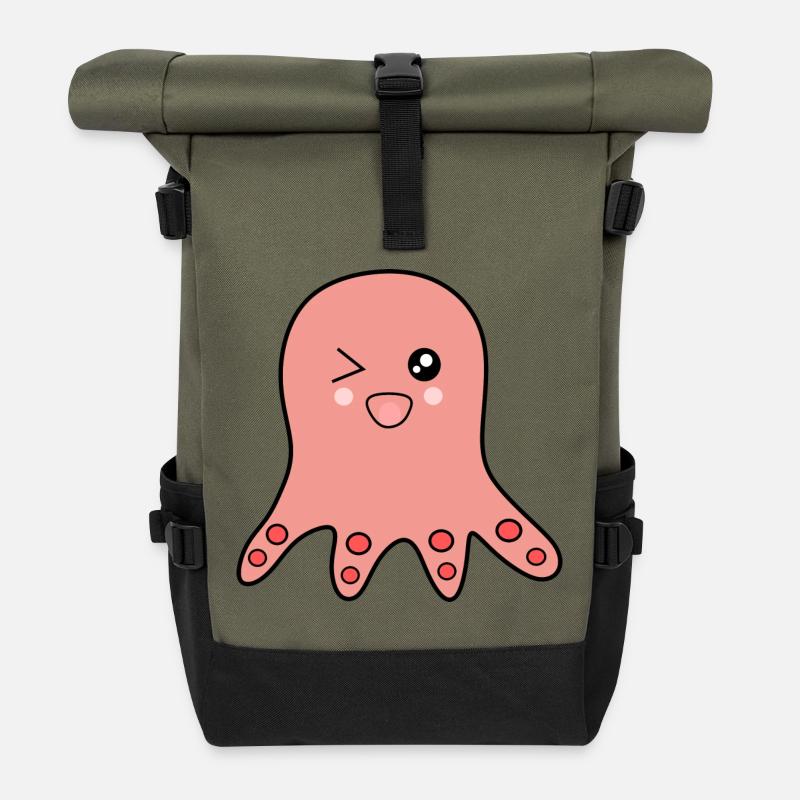 Kawaii Tiere Oktopus - Rolltop Rucksack - Olive/Schwarz