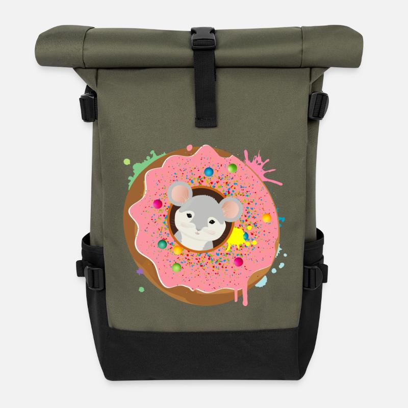 graue Maus sitzt im Donut mit rosa Glasur - Rolltop Rucksack - Olive/Schwarz