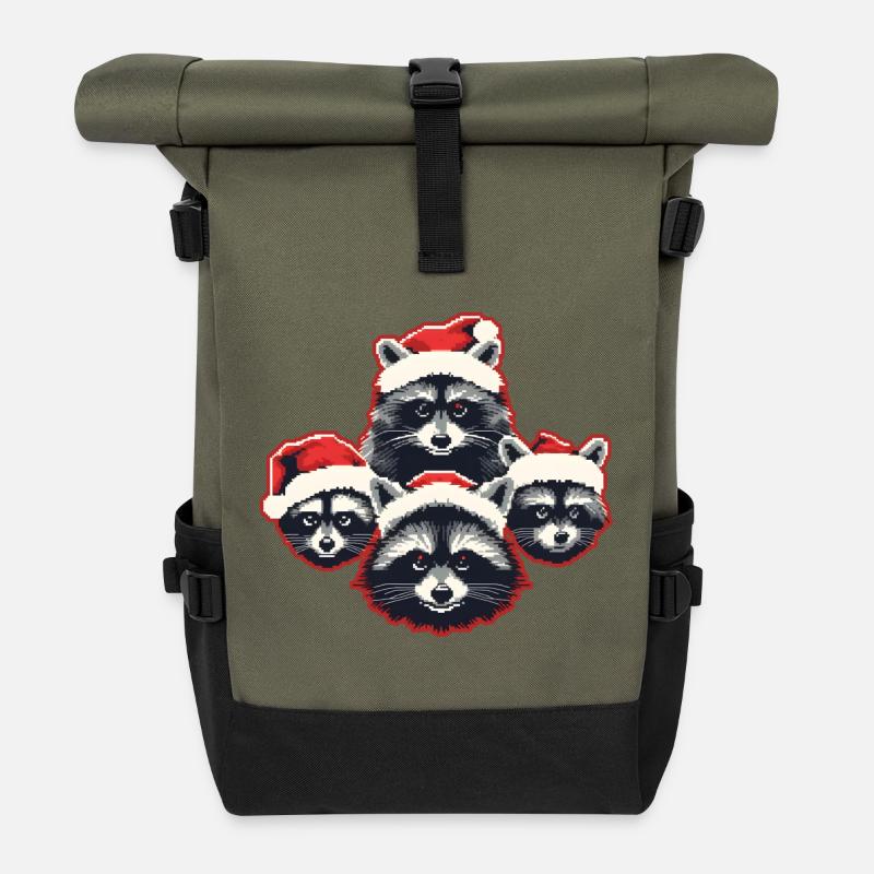 Raccoon Santa Hat Quartet Christmas - Roll Top Backpack - olive/black